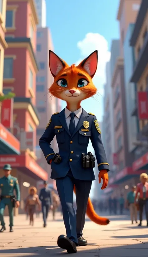 there is a cat dressed as a police board member walking down the street, board member, new cats movie, scene from a live-action movie, police board member, From the movie scene , the cat is walking, awesome cat,  furrafinity , Still , Zootopia City , !!! c...