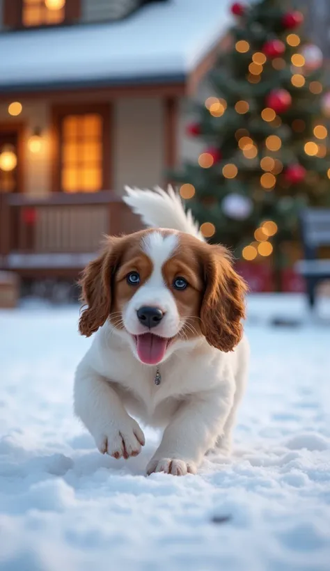 English spaniel dog breed puppy plays with a  outside with snow .  Behind is a nice house with a Christmas tree, lights on and Christmas ornaments. 