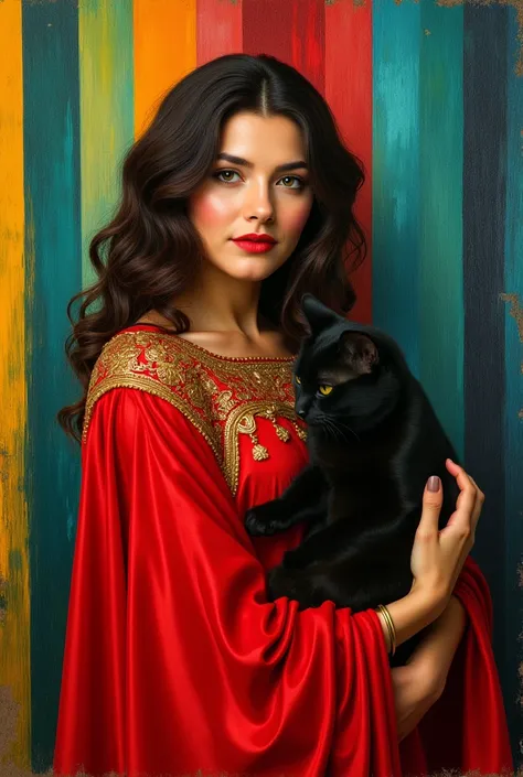 Create an image of a woman wearing a vibrant red dress with gold accents. The woman is holding a black cat with striking features. The background consists of colorful vertical stripes blending shades of blue, green, yellow, and red. The overall style is re...