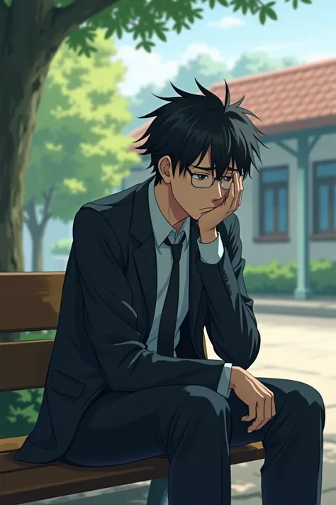 A worried black-haired male teacher taking air on a bench outside a school