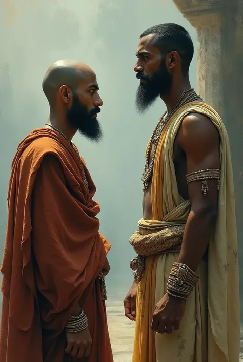 An Indian prince sad and looking towards the back and a bald Indian young monk feeling lost