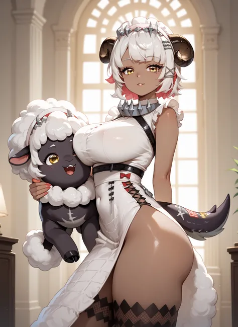  anime style. cute sheep girl demi-human,  demi-sheep. Weresheep.  cute. caramel colored skin, dark skin, straight hair, white hair, bob haircut,   golden eyes, Slim waise with big hips, and a Large ass with thick thighs, very thick and squishy thights and...