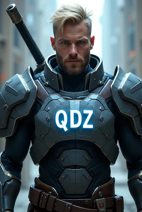  Warrior soldier with futuristic armor. On his chest in the center is written conspicuously QDz as if it were his core. He is a god and wears a futuristic katana .  She has dark blond hair and bright blue eyes as bright as light. His features are Caucasian...