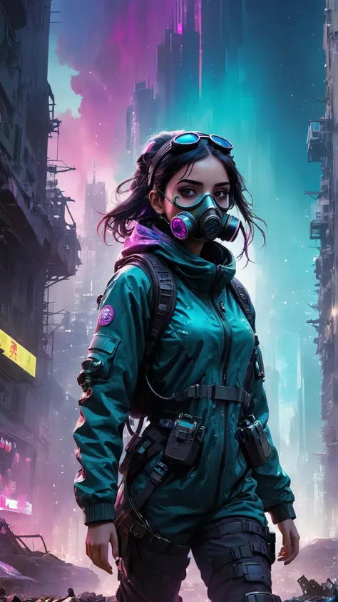   Araaf girl wearing a gas mask walks through the destroyed city ， Skyline of a dense and sprawling city in the grunge world , cyberpunk, night, neon, spotlight, holography,smoky, Magenta, Teal and Neon,  Luminescent, ethereal light,starry sky, Hectic, spa...