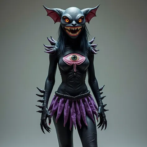 Costume-shaped creature ,womens organic and revealing black costume with claws and teeth as costume details, a short purple skirt with teeth at the tip and an eye in the center of the chest ,inside a large capsule,