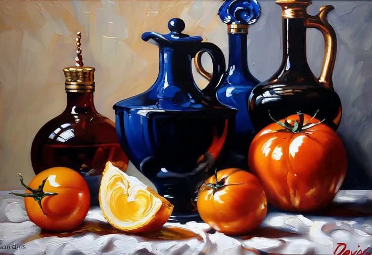 (black Studio) "Pomi damori" masterpiece still life (in the style of Jan Davids de Hem), aesthetics, ((oil painting )), (tile :0.2), (ultramarine:0.2), (tomato:0.2),( rough strokes of acrylic paint:0.75), 8к