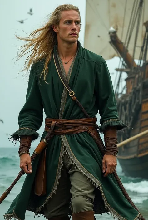 Create an image of a young man,  art,  with long,  flowing blond hair and without a beard ,  coming out of a shabby caravel .  His belts and clothes in green and black and white are worn and torn,  with torn edges and visible signs of wear and tear , what ...