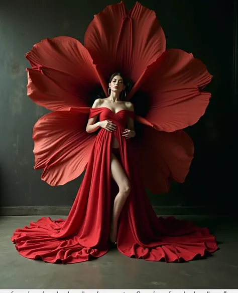 arafed woman in a red dress posing with a large flower, a picture by Elena Guro, pexels contest winner, art photography, draped with red hybiscus, full body photoshoot, grayscale photo with red dress, red dress, red flower, in a red dress, all red, rich re...