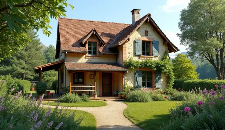 Une charmante maison de campagne nichée dans un paysage verdoyant.
La façade est en pierre naturelle et en bois, avec des volets colorés et un toit en tuiles.
Des fenêtres à croisillons et une grande cheminée en pierre ajoutent au charme rustique.
Lintérie...