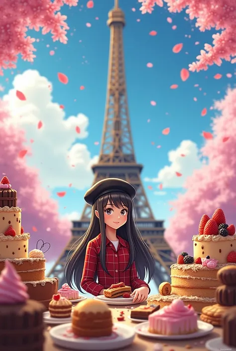   Cake with cookies  , syrup , sweets, The Eiffel Tower is very shiny and a girl with long dark hair and a black beret and a red plaid shirt, Sky with pink flowers