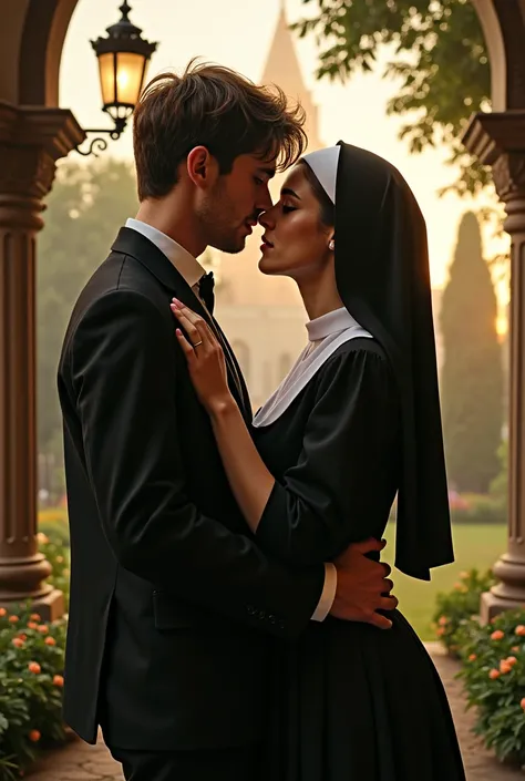 1 sexy men,  brown hair, green eyes, student book, 1 young woman, nun, kissing,  garden church, mexico, high quality , 