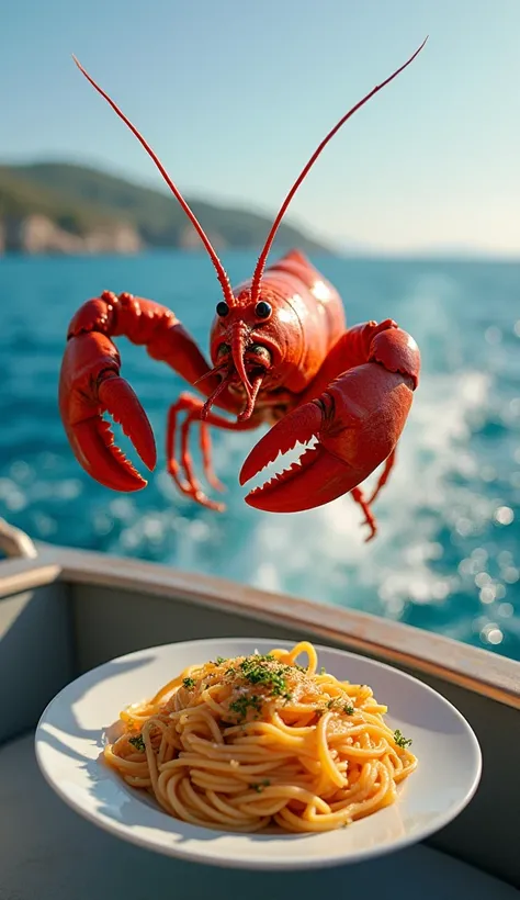 A lobster runs from a boat with a plate of pasta.