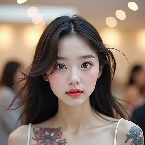 a close up of a woman with a tattoo on her chest!,  a tattoo on her chest!, best photo , 3d, 8k, Asian Araffy woman ,  Asian Girl with Round Toe, Korean female fashion model , Black hair, Long hairเป็นพิเศษยาว 2 เมตร, My hair flutters in the wind., Bright ...