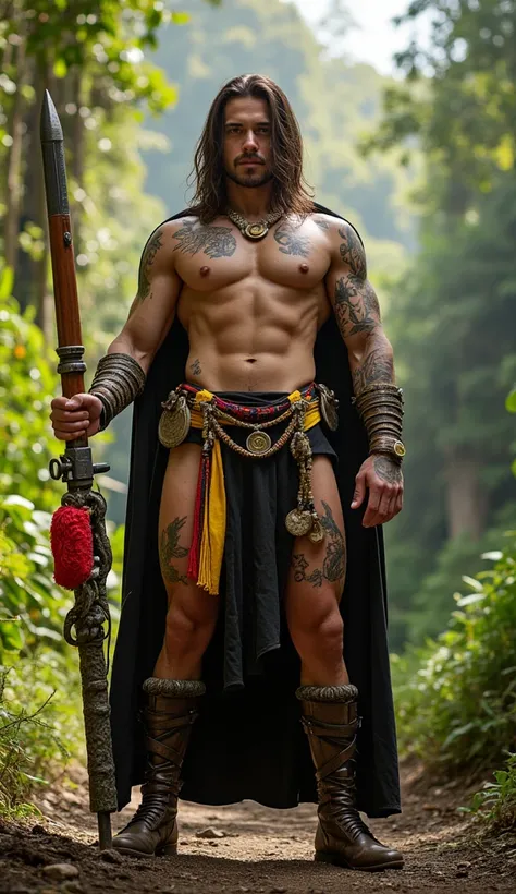 A powerful guardian warrior representing German, designed with a muscular build and a commanding presence. He has intricate tattoos inspired by Germanian culture, including symbols like the Christ the Redeemer, tropical flora, and tribal designs. His attir...