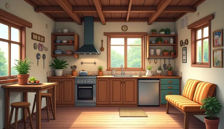 Small kitchen in a rustic and small house, without people, anime