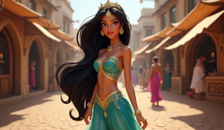 create ultra realistic image of a beautiful princess Jasmine from Aladdin, her a beautiful princess dress, large breast, beautiful huge large breast, walking in Arabic village background.