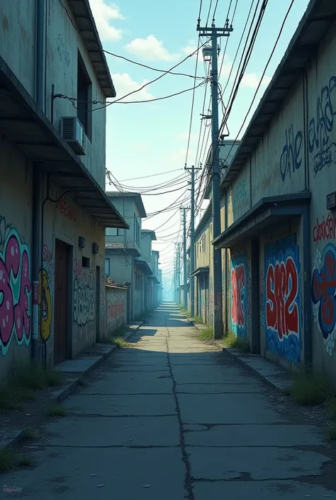 An old empty street, walls at one side, graffiti on the walls, anime style, realistic shot