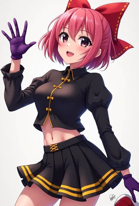  Beautiful girl with short hair, rosado,  black eyes,  black eyelashes , Japanese face ,  anime style, big red bow , short black shirt that shows the navel,  black skirt with yellow stripes , purple gloves,  red shoes with yellow laces. With pose singing 