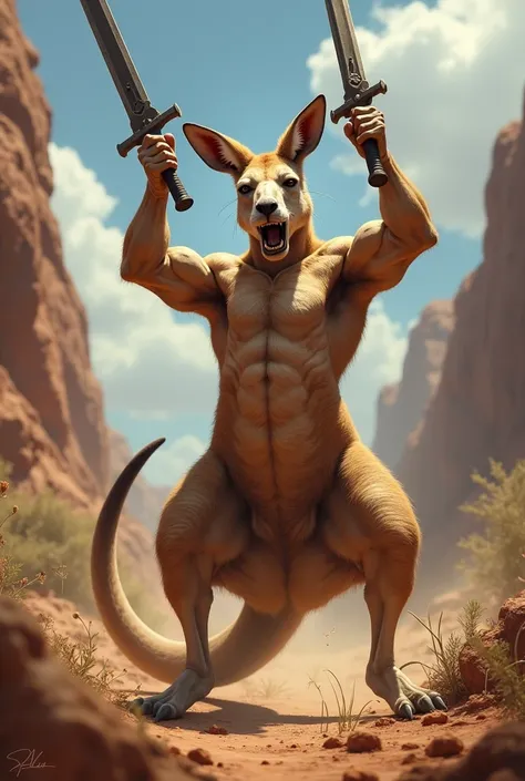 Male kangaroos raising their sword after winning the battle 