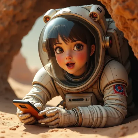 The female astronaut is young and pretty, she has a pleasant face, and she is crawling out of the cave in a spacesuit. Her helmet is open, and her face shows surprise and admiration. She is holding a phone and looking at the screen. She likes what she sees...