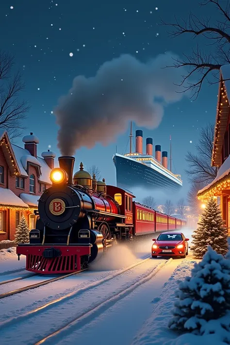 Polar express train in the santa village with a fiat punto and Volkswagen Passat and the Titanic while its Christmas 