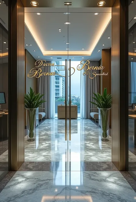 An office.   Glass doors .  Name Doctor Bernar specialist.  Golden letters in handwriting .    Crystal. Rogodo .  floor.  Mirage. Of course.    High quality image.   expression .  