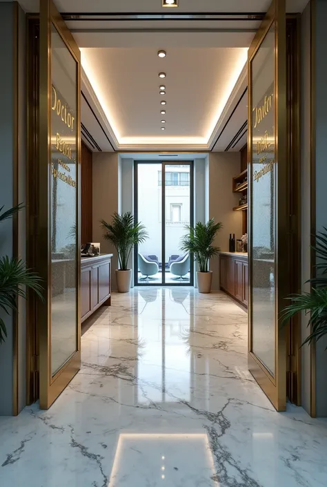 An office.   Glass doors .  Name Doctor Bernar specialist.  Golden letters in handwriting .    Crystal. Rogodo .  floor.  Mirage. Of course.    High quality image.   expression .  