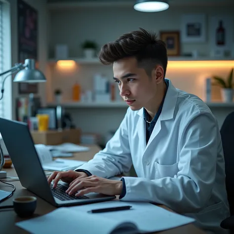 Young European medical researcher working with laptop 