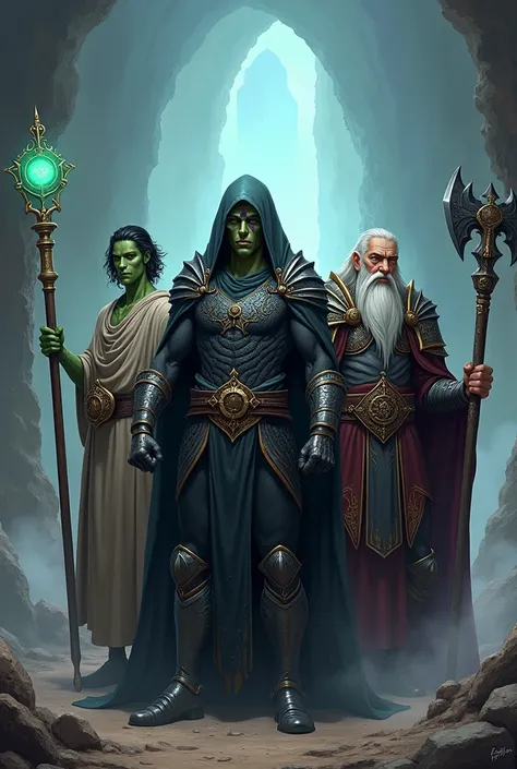 Cena cinematográfiCreate an image of a dynamic group of four distinct adventurers, each in their own heroic pose, standing separately. The first is Hank, a slender green-skinned half-orc mage holding a classic staff with a glowing gem at its tip. His robes...