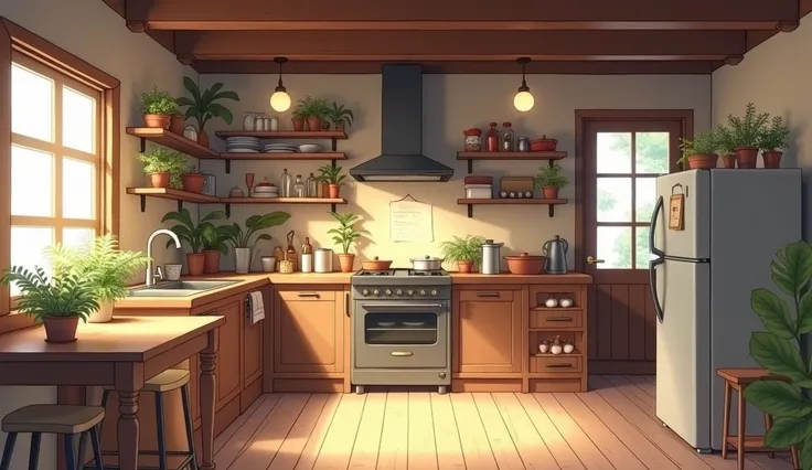 Small kitchen in a rustic and small house, without people, anime