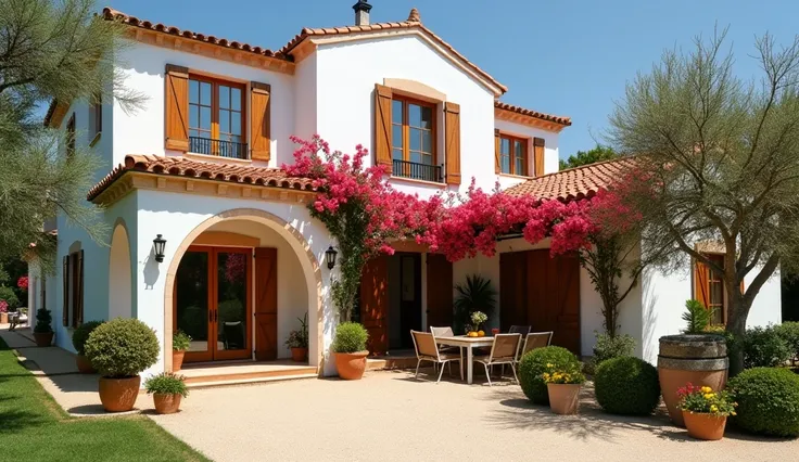 Une maison de style méditerranéen avec des murs en stuc blanc et un toit en tuiles rouges.
La façade est ornée de bougainvilliers en fleurs et de volets en bois.
Des arches et des colonnes ajoutent une touche délégance et de charme.
Lintérieur est frais et...