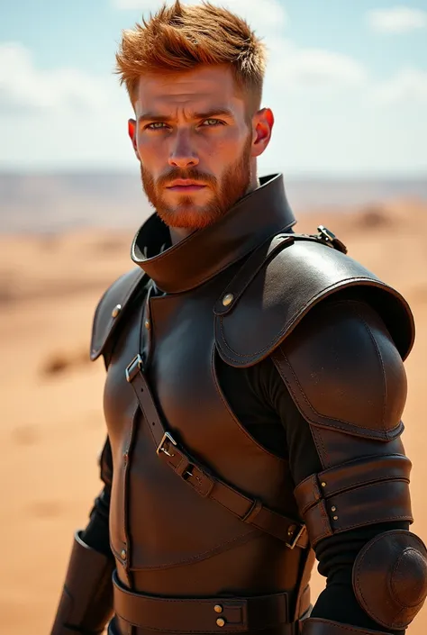 Full-length image of a young, cute, red-haired man with a short beard in tight leather armor. Desert in the background.