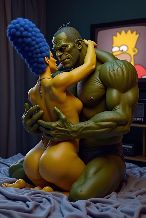 Orc and Marge sweaty naked in bed Homers head on TV