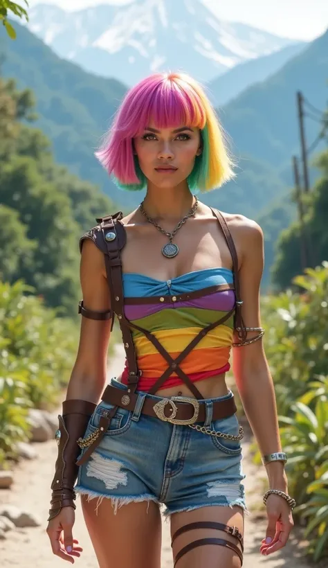 "Create a realistic full-body portrait of a strong yet feminine lesbian warrior resembling an Amazon. She has a bob haircut in vibrant rainbow colors, emphasizing her bold individuality. Her outfit is a blend of traditional Amazonian attire with modern ele...