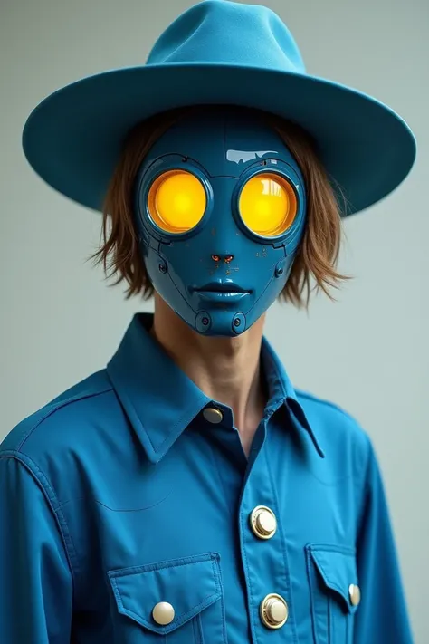  A guy with a cybernetic mask that has two yellow balls one next to the other , Cabelo Maron ,  a blue cowbow hat ,  a blouse with the same shade of blue as the hat with two white buttons one under the other on the chest.