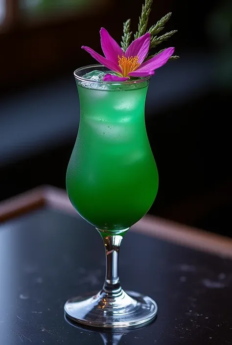 A very beautiful and elegant green and purple cocktail drink with ornament