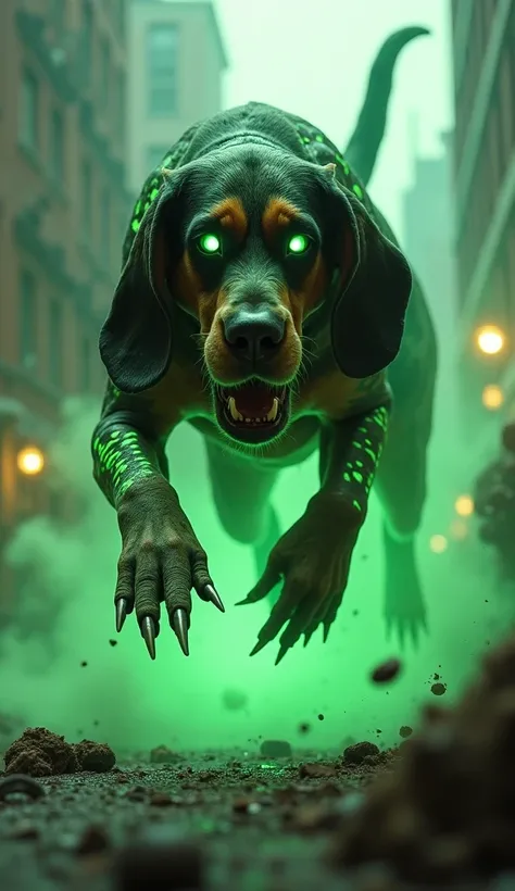 "A genetically modified Basset Hound transformed after exposure to a biohazard material, now featuring glowing green eyes, sharp, mutated claws, and a distorted, muscular frame. Its fur appears matted and streaked with bioluminescent patterns. The scene is...