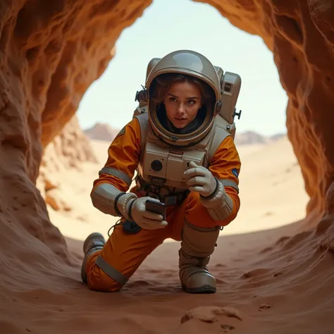 The female astronaut is young and pretty, she has a pleasant face, and she is crawling out of the cave in a spacesuit. Her helmet is open, and her face shows surprise and admiration. She is holding a phone and looking at the screen. She likes what she sees...