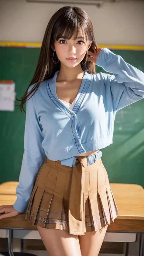 creative girl in school classroom ,(8 head and body), sexy latino ,( cowboy shot),( focus on your thighs),Im wearing a Japanese uniform with a plaid ultra-short pleated miniskirt ,  cardigan, blouse, tie,  long light brown  hair, asymmetrical bangs ,  beau...