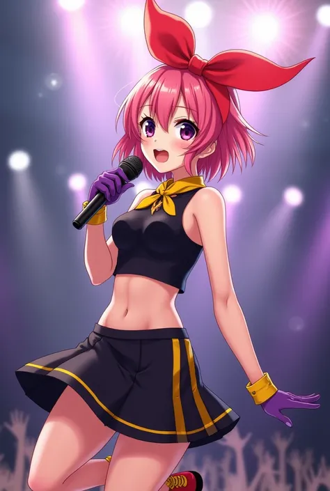  Beautiful girl with short pink hair,  black eyes,  black eyelashes , Japanese face ,  anime style, big red ribbon on her head ,  short black shirt that shows the navel (sleeveless on the arms ),  black skirt with yellow stripes , purple gloves,  red shoes...