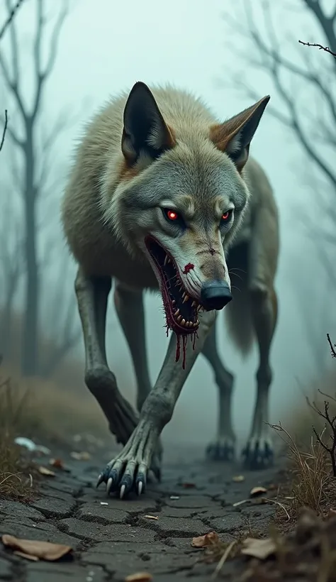 "A grotesque, undead wolf prowls through a fog-filled, ruinous wasteland. Its fur is matted with decay, and its body is skeletal, with exposed ribs and patches of rotting, decomposing skin clinging to its frame. The skin, mottled and zombie-like, is marked...