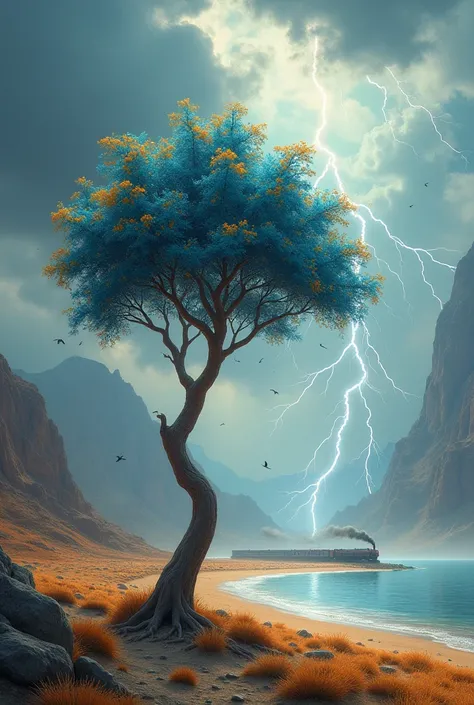 Mountains, desert distances, a thin-stemmed tree with blue leaves and orange blossoms, and a train leaves the sea, violent gray sky with lots of lightning, with birds, all realistic. 