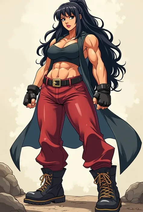 Create a strong and tough anime tomboy with muscles and a serious and very big look, intimidating and angry but indifferent in the anime version, And do it with a good body and curves and breasts