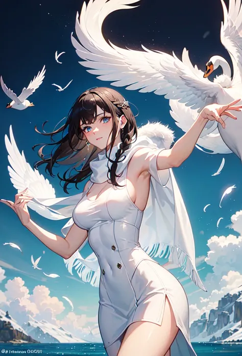 
((masterpiece)), ((best quality)), ((ultra-detailed)), 

1lady, cool, ((White fur scarf)), black hair color, ((cornrow hair style)), Blue eyes, White short sleeve shirt, Fusion with a swan, ((stylish)), (((elegance))), (((gorgeous))), (((self-centered))),...