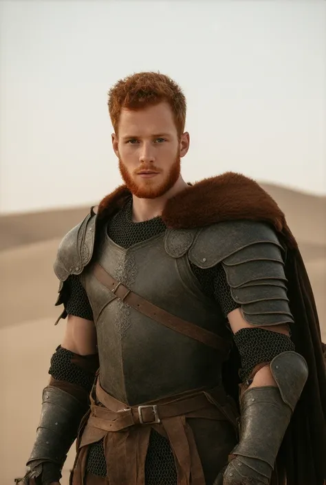 Full-length image of a young, cute, red-haired guy with a short beard in tight leather armor. Desert in the background.