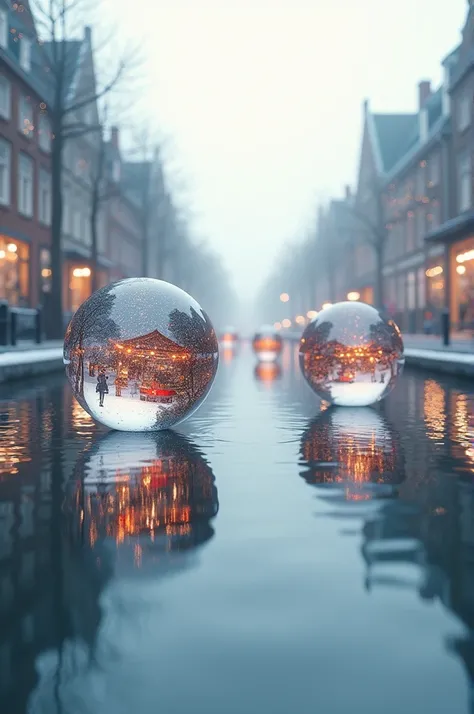  Along the canal under a white sky, translucent balls in which there are photos of Christmas markets..  These balls are reflected in the water 