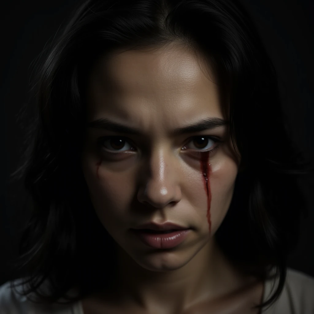 portrait of young woman, crying with blood on her face, dark hair, dramatic look and pose, ultra-realistic photo, realistic skin, sad look, dramatic contrast light