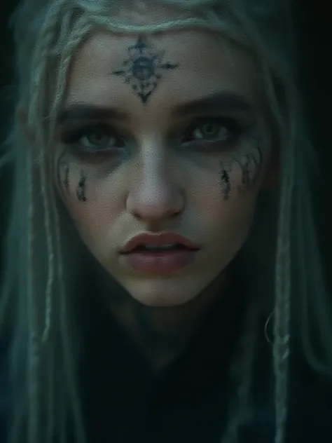 a close up of a woman with rune tattoos on her face, dark witch, fractalpunk, braided intricate white hair, matte painting portrait shot, beautiful female witch, brunette skin, she is dressed in azkabans clothes, tattooed, darkworld, Dark fantasy