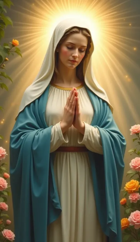  Portray the Virgin Mary with praying hands and closed eyes , with a delicate blue robe and white veil .  The background must include a flowery garden illuminated by golden rays of light coming from a heavenly halo."