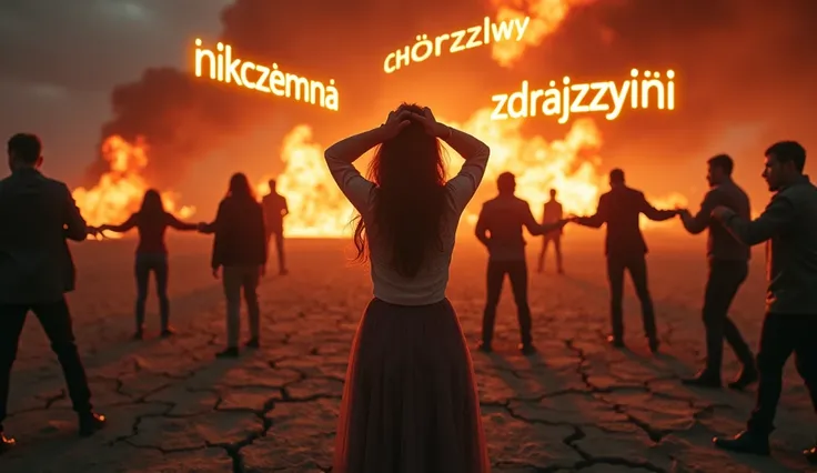  aspect ratio Create a striking and emotional thumbnail for a video .  The background features cracked soil with flaming destruction Bright ,  design transitioning to a dark, gloomy sky . in the center,  show a distressed woman holding her head in Desperat...